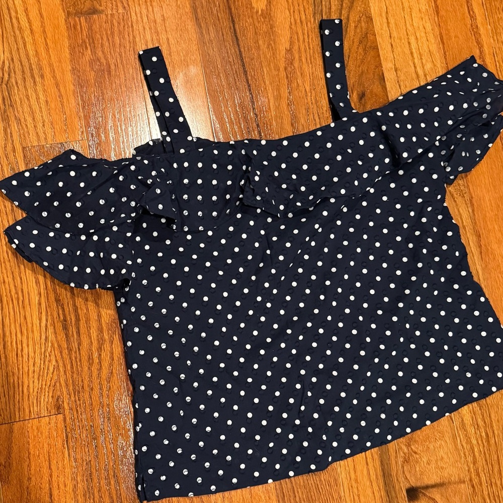 J Crew Navy Polka Dot Off-Shoulder Top - Picture 2 of 5